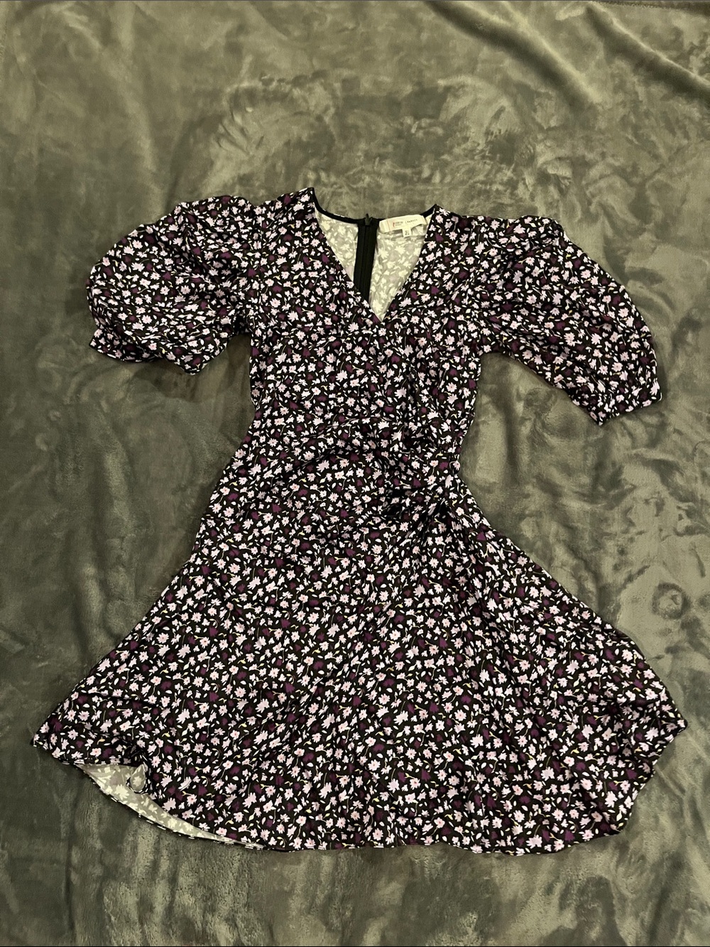 Chinti & Parker Black Floral V-Neck Puff Sleeve Mini Dress